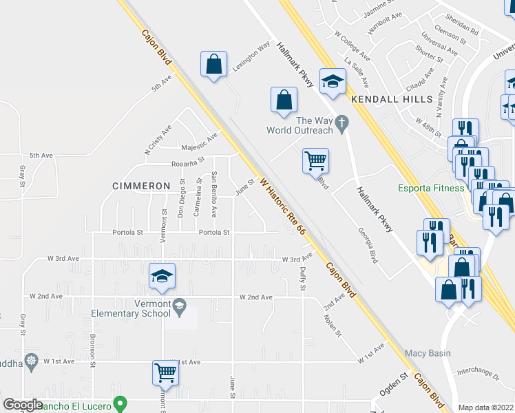 map of restaurants, bars, coffee shops, grocery stores, and more near 3947 Acapulco Street in Muscoy