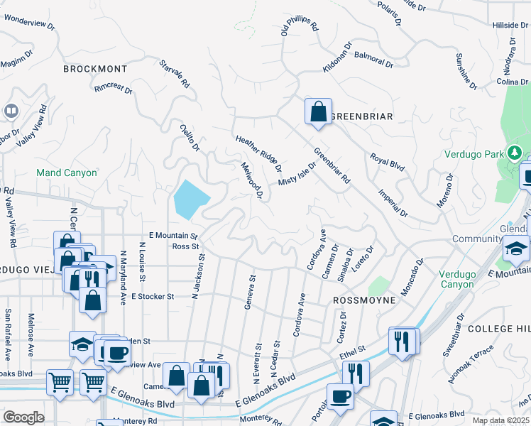 map of restaurants, bars, coffee shops, grocery stores, and more near 1910 Melwood Drive in Glendale