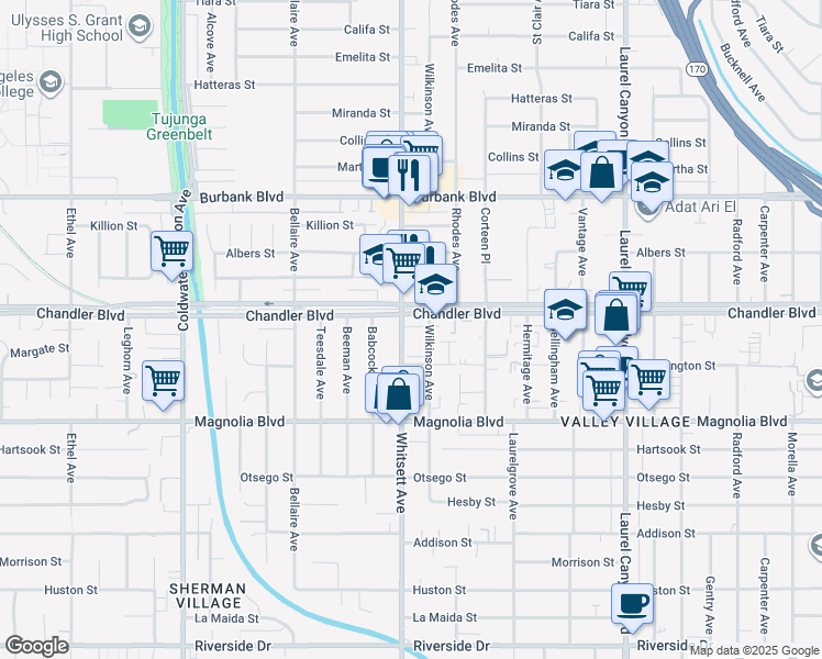 map of restaurants, bars, coffee shops, grocery stores, and more near 5340 Whitsett Avenue in Los Angeles