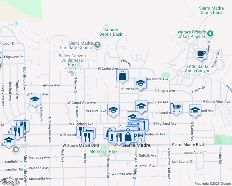 map of restaurants, bars, coffee shops, grocery stores, and more near 355 Auburn Avenue in Sierra Madre
