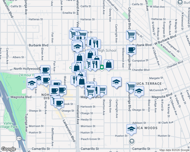 map of restaurants, bars, coffee shops, grocery stores, and more near 10866 Chandler Boulevard in Los Angeles