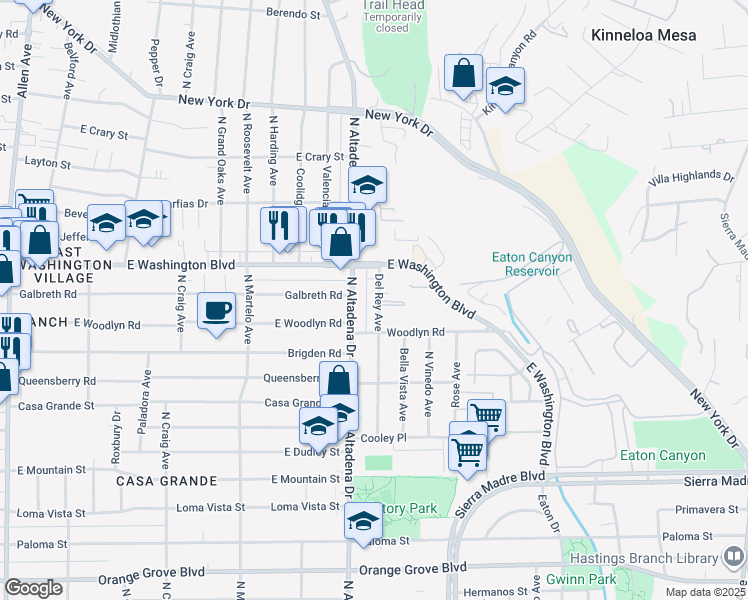 map of restaurants, bars, coffee shops, grocery stores, and more near 1253 Del Rey Avenue in Pasadena