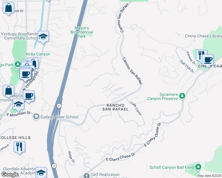 map of restaurants, bars, coffee shops, grocery stores, and more near 1904 Caminito De La Luna in Glendale
