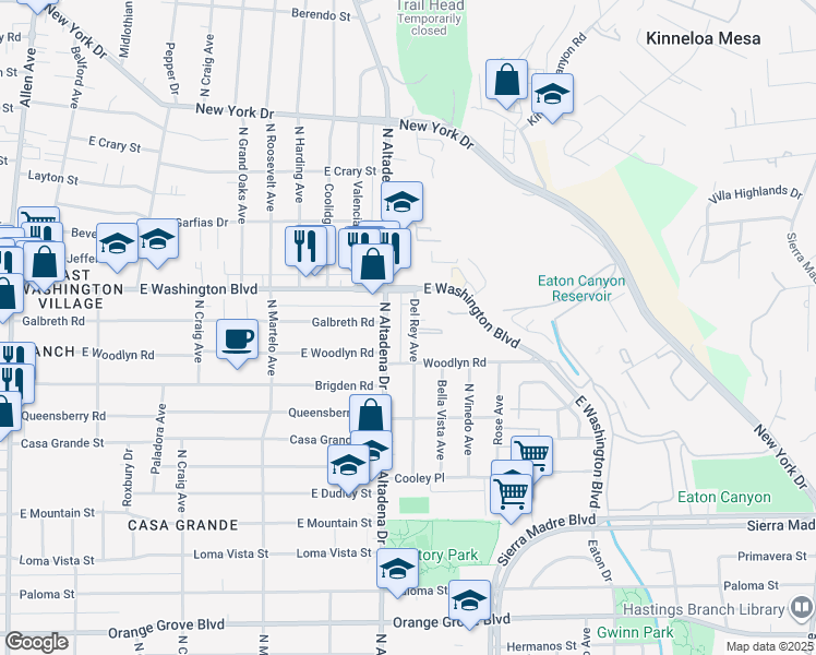 map of restaurants, bars, coffee shops, grocery stores, and more near 1255 Del Rey Avenue in Pasadena