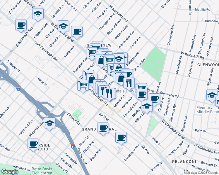 map of restaurants, bars, coffee shops, grocery stores, and more near 1040 Ruberta Avenue in Glendale