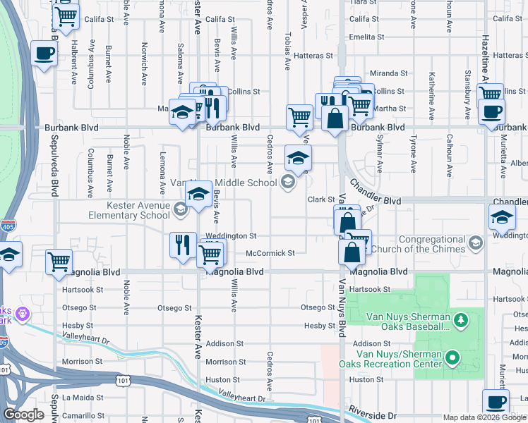 map of restaurants, bars, coffee shops, grocery stores, and more near 5341 Cedros Avenue in Los Angeles