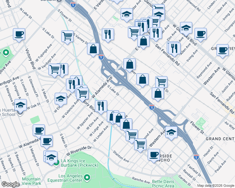map of restaurants, bars, coffee shops, grocery stores, and more near 211 Elm Court in Los Angeles
