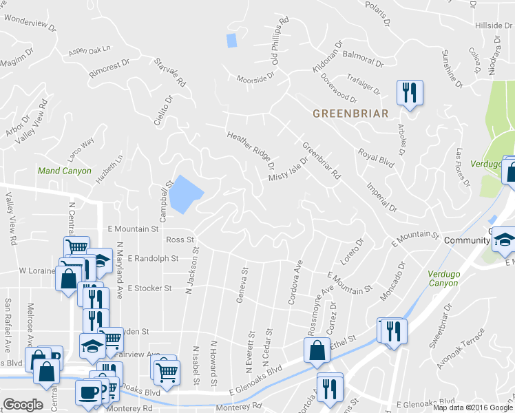 map of restaurants, bars, coffee shops, grocery stores, and more near 1910 Melwood Drive in Glendale