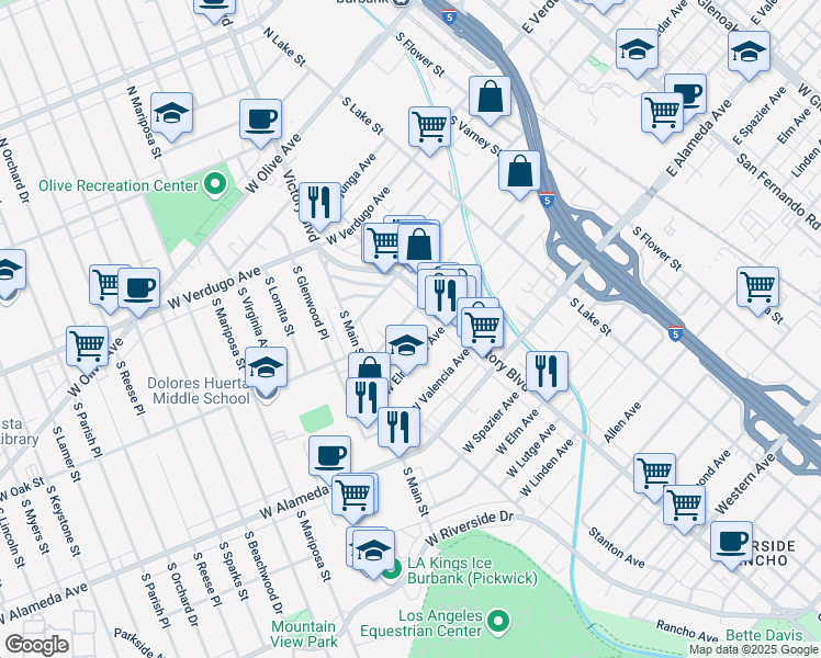 map of restaurants, bars, coffee shops, grocery stores, and more near 310 West Cedar Avenue in Burbank