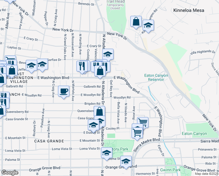map of restaurants, bars, coffee shops, grocery stores, and more near 1255 Del Rey Avenue in Pasadena