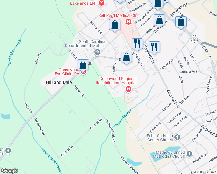 map of restaurants, bars, coffee shops, grocery stores, and more near 3 Parkway Court in Greenwood
