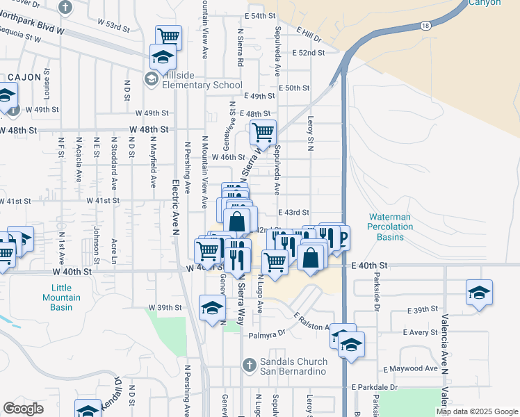 map of restaurants, bars, coffee shops, grocery stores, and more near 175 East 44th Street in San Bernardino
