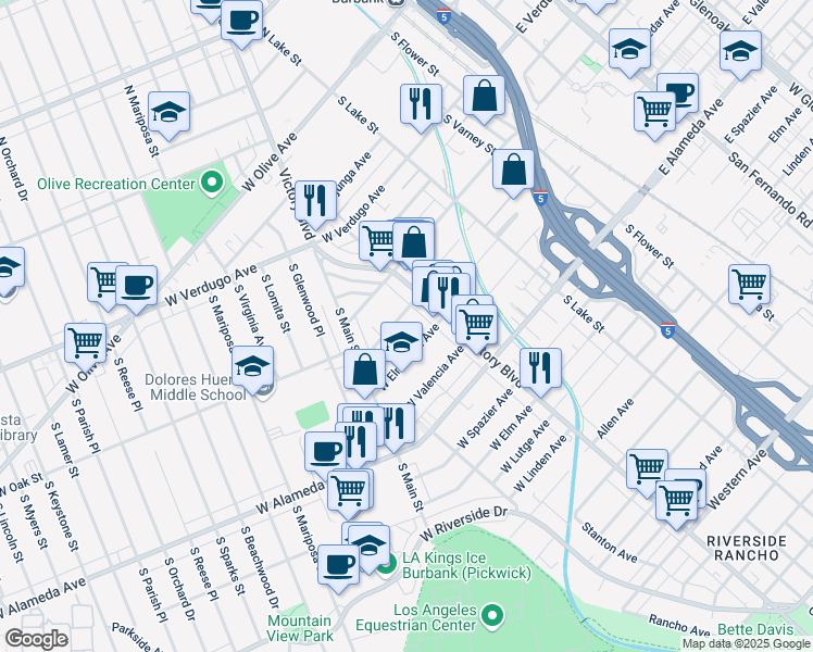 map of restaurants, bars, coffee shops, grocery stores, and more near 310 West Cedar Avenue in Burbank