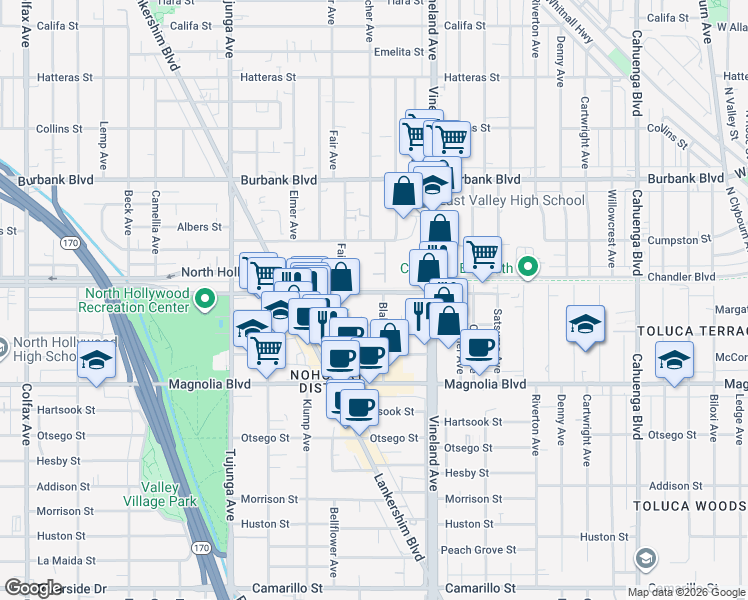 map of restaurants, bars, coffee shops, grocery stores, and more near 11101 Chandler Boulevard in Los Angeles