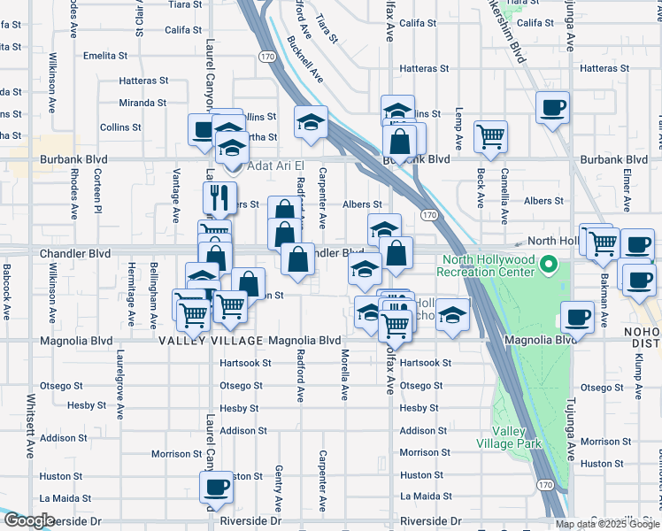 map of restaurants, bars, coffee shops, grocery stores, and more near 11829 Chandler Boulevard in Los Angeles