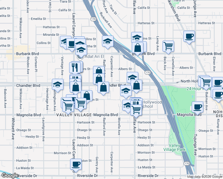 map of restaurants, bars, coffee shops, grocery stores, and more near 11829 Chandler Boulevard in Los Angeles
