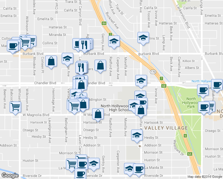 map of restaurants, bars, coffee shops, grocery stores, and more near in Los Angeles
