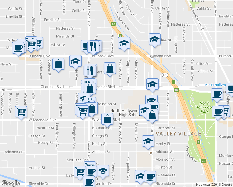 map of restaurants, bars, coffee shops, grocery stores, and more near in Los Angeles