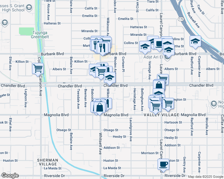 map of restaurants, bars, coffee shops, grocery stores, and more near 12419 Chandler Boulevard in Los Angeles