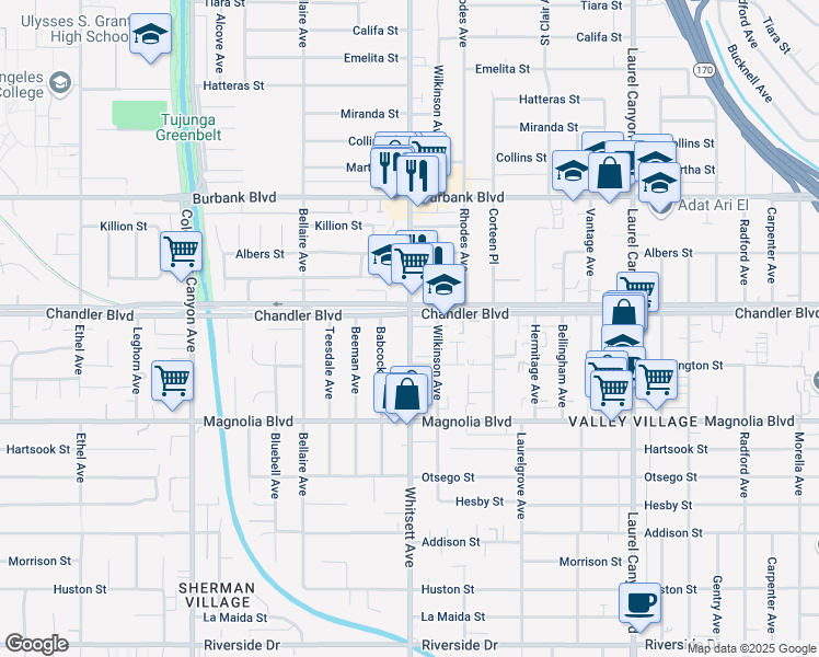 map of restaurants, bars, coffee shops, grocery stores, and more near 12501 Chandler Boulevard in Los Angeles