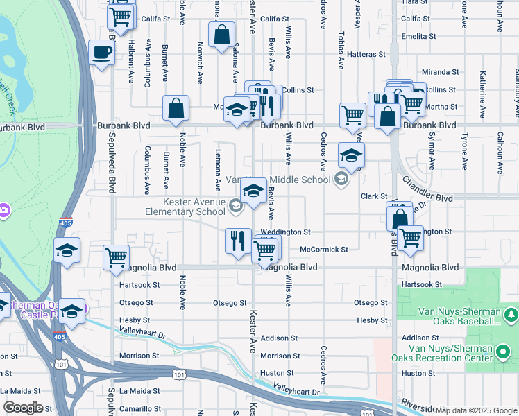 map of restaurants, bars, coffee shops, grocery stores, and more near 5401 Bevis Avenue in Los Angeles
