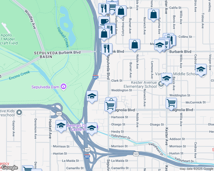 map of restaurants, bars, coffee shops, grocery stores, and more near 5345 Sepulveda Boulevard in Los Angeles