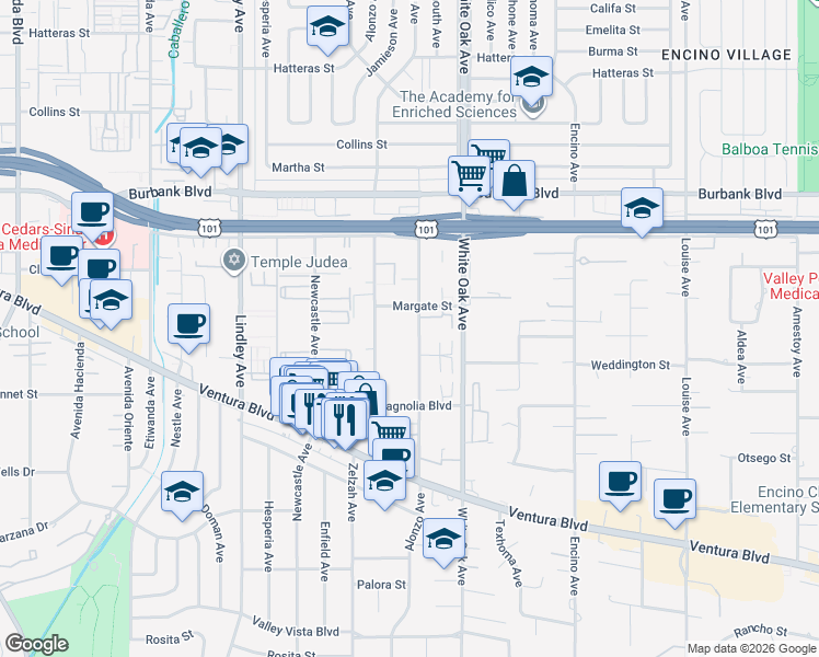 map of restaurants, bars, coffee shops, grocery stores, and more near 5353 Yarmouth Avenue in Los Angeles