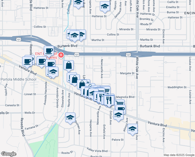 map of restaurants, bars, coffee shops, grocery stores, and more near 5403 Newcastle Avenue in Los Angeles