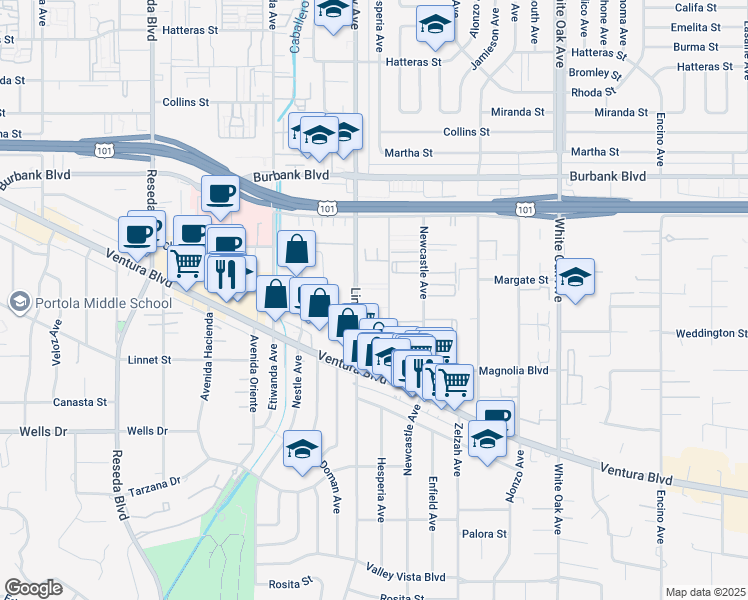 map of restaurants, bars, coffee shops, grocery stores, and more near 5354 Lindley Avenue in Los Angeles