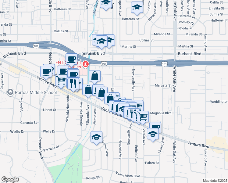 map of restaurants, bars, coffee shops, grocery stores, and more near 5354 Lindley Avenue in Los Angeles