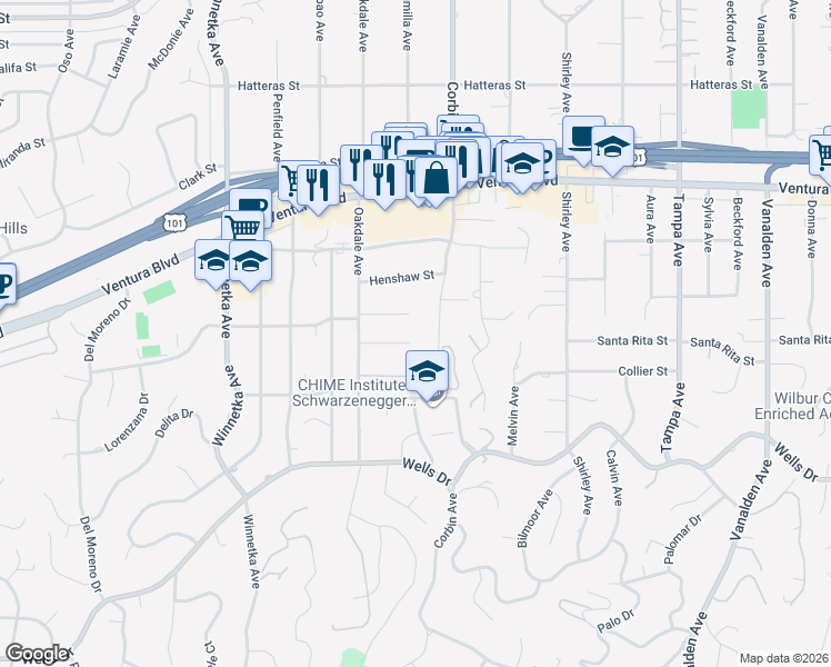 map of restaurants, bars, coffee shops, grocery stores, and more near 5353 Corbin Avenue in Los Angeles