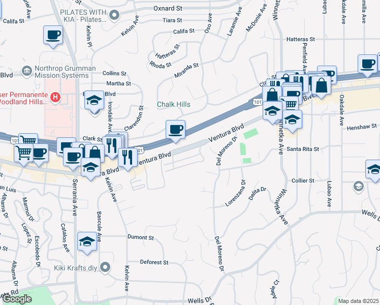 map of restaurants, bars, coffee shops, grocery stores, and more near 20461 Ventura Boulevard in Los Angeles