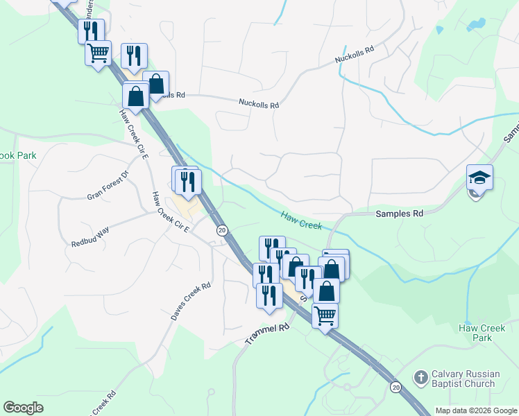 map of restaurants, bars, coffee shops, grocery stores, and more near 1540 Habersham Place in Cumming