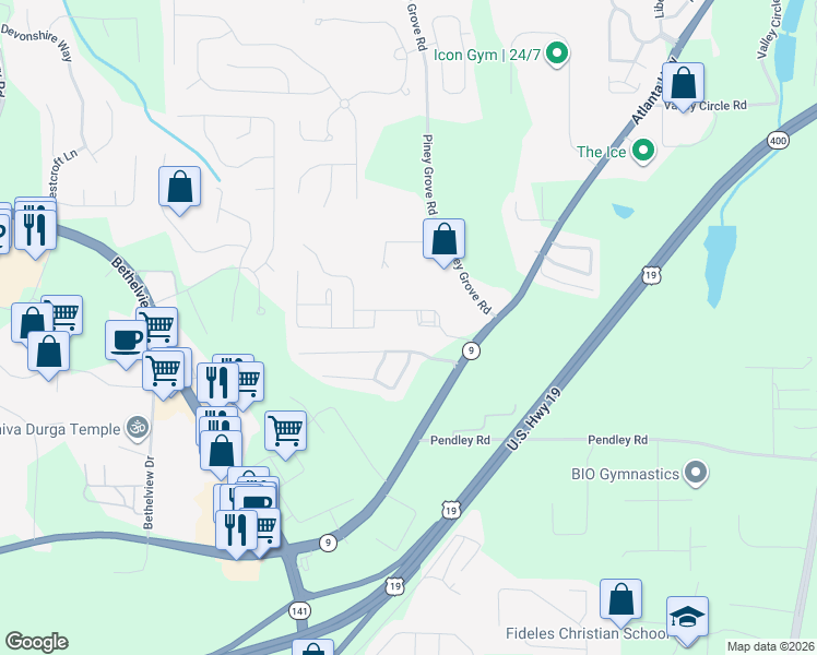 map of restaurants, bars, coffee shops, grocery stores, and more near 1985 Cottage Grove Way in Cumming