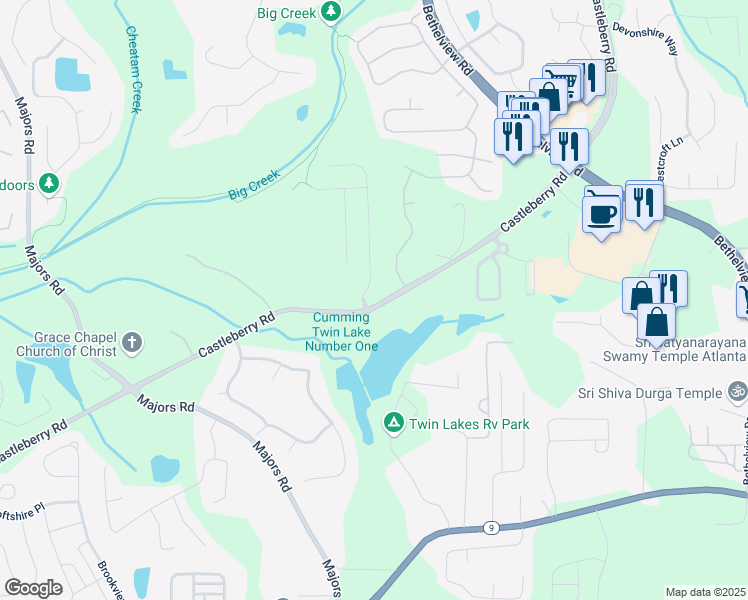 map of restaurants, bars, coffee shops, grocery stores, and more near 5860 Bluff Heights Drive in Cumming