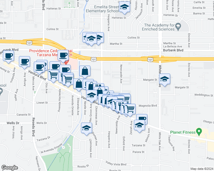 map of restaurants, bars, coffee shops, grocery stores, and more near 5334 Lindley Avenue in Los Angeles