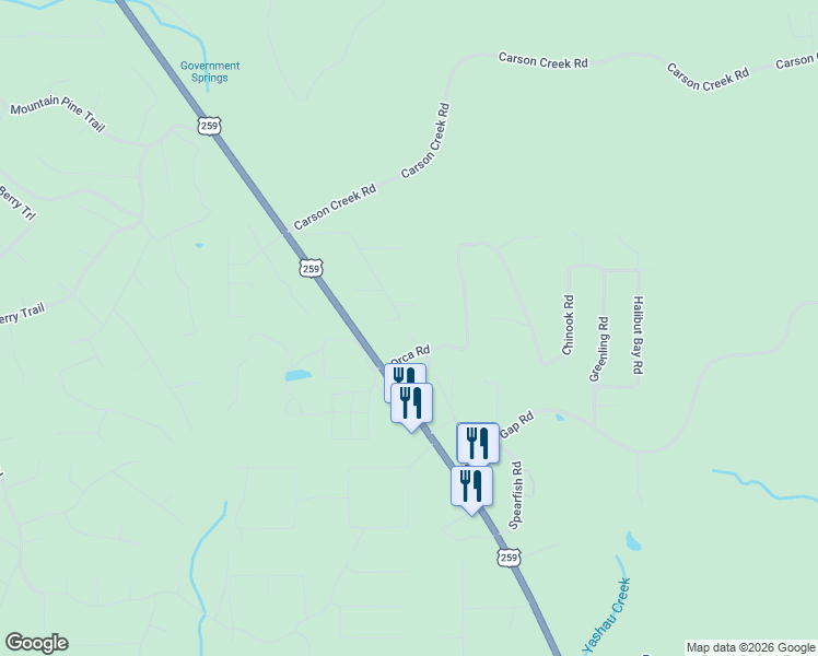 map of restaurants, bars, coffee shops, grocery stores, and more near 101 Orca Road in Broken Bow