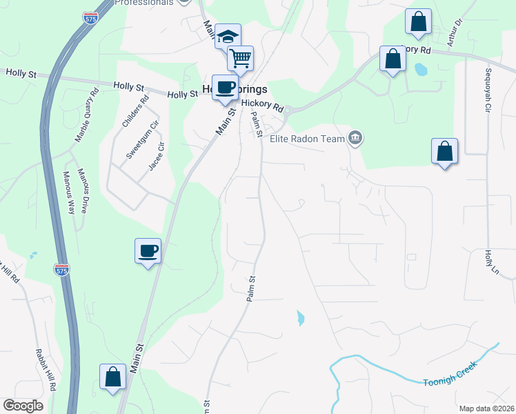 map of restaurants, bars, coffee shops, grocery stores, and more near 482 Palm Street in Holly Springs