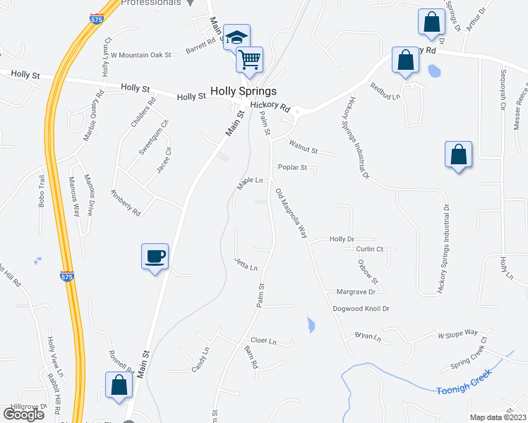 map of restaurants, bars, coffee shops, grocery stores, and more near 482 Palm Street in Holly Springs