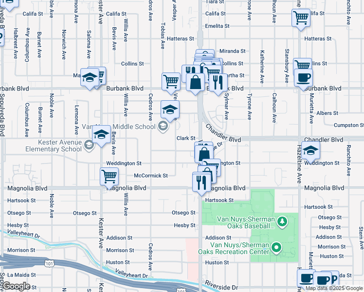 map of restaurants, bars, coffee shops, grocery stores, and more near 14545 Margate Street in Los Angeles