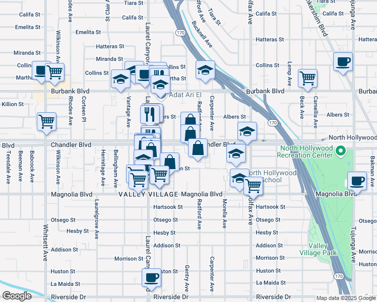 map of restaurants, bars, coffee shops, grocery stores, and more near 11936 Chandler Boulevard in Los Angeles