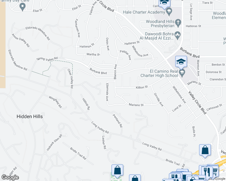 map of restaurants, bars, coffee shops, grocery stores, and more near 5361 Blanco Avenue in Los Angeles