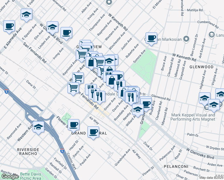map of restaurants, bars, coffee shops, grocery stores, and more near 2 West Glenoaks Boulevard in Glendale