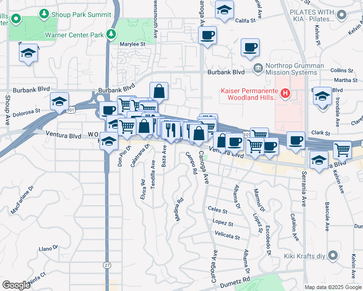 map of restaurants, bars, coffee shops, grocery stores, and more near 21501 Ventura Boulevard in Los Angeles