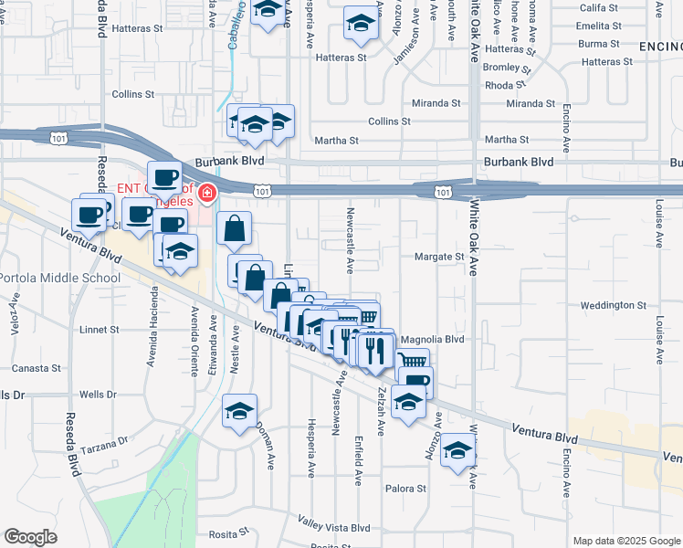 map of restaurants, bars, coffee shops, grocery stores, and more near 5339 Newcastle Avenue in Los Angeles