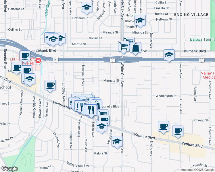map of restaurants, bars, coffee shops, grocery stores, and more near 5353 Yarmouth Avenue in Los Angeles