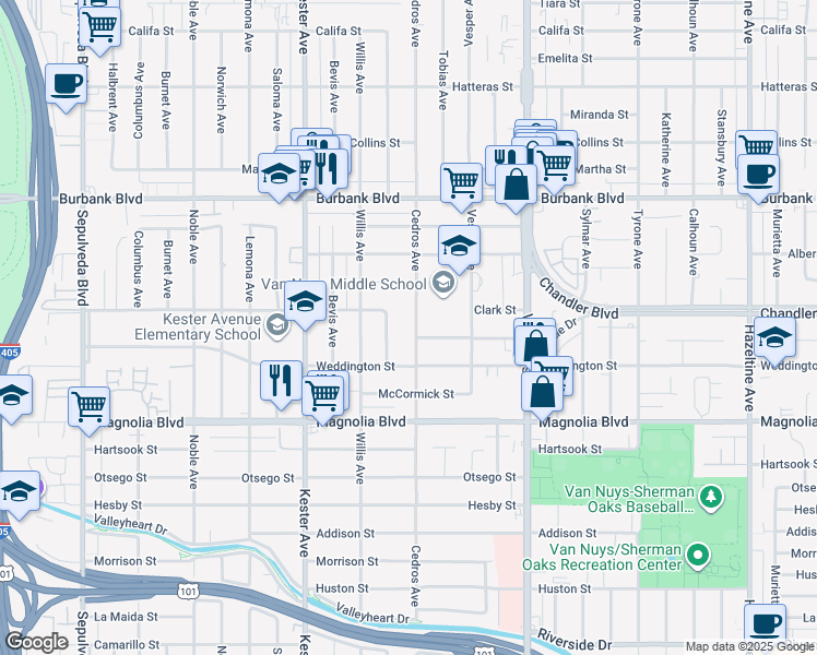 map of restaurants, bars, coffee shops, grocery stores, and more near 5341 Cedros Avenue in Los Angeles
