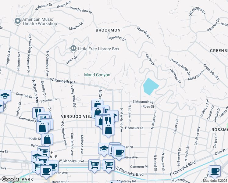 map of restaurants, bars, coffee shops, grocery stores, and more near 100 East Kenneth Road in Glendale