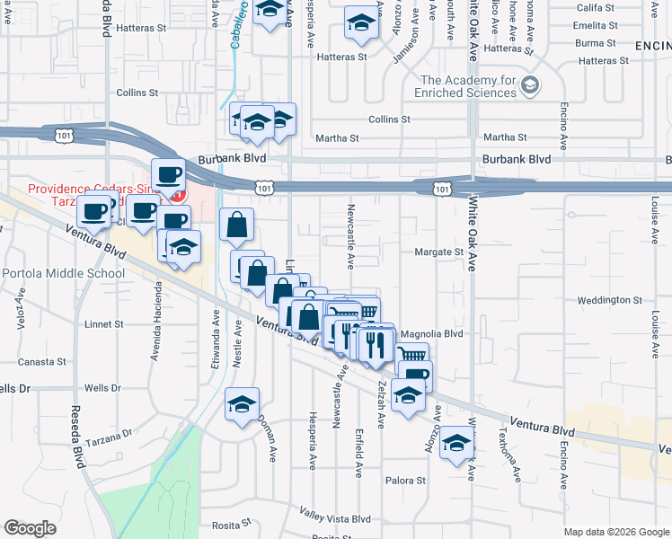 map of restaurants, bars, coffee shops, grocery stores, and more near 5339 Newcastle Avenue in Los Angeles