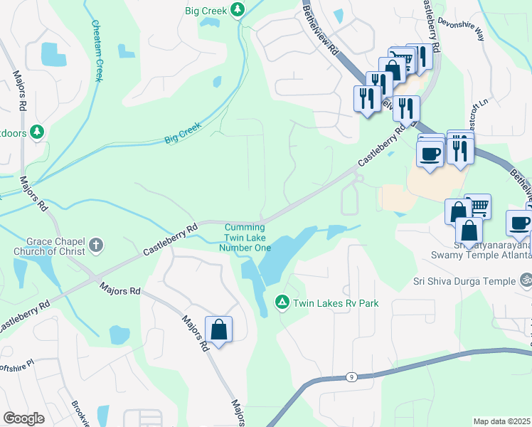 map of restaurants, bars, coffee shops, grocery stores, and more near 5860 Bluff Heights Drive in Cumming